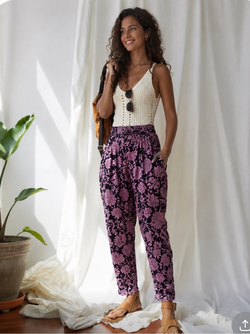 Free People Olympia harem accordion pants purple combo S, boho hippie festival
